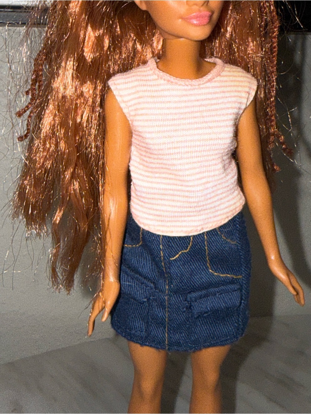 Barbie Mattel Skipper size stripped top and navy blue skirt